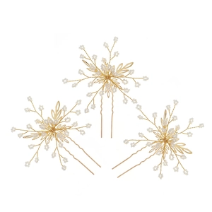 Lot de 3 épingles à cheveux vintage dorées avec perles blanches et feuilles pour mariée
