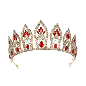 Luxury bridal crown with golden alloy base, white rhinestones and red teardrop gems