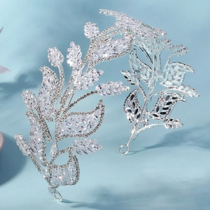 Detailed view of marquise-cut zircons on a luxury silver leaf bridal tiara headband