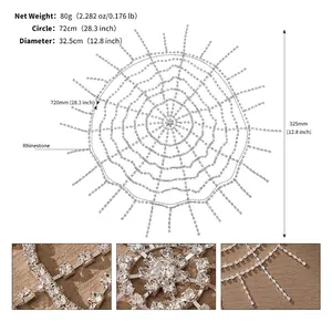 Size chart showing spider web rhinestone head chain weight and dimensions for parties