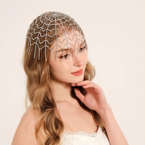 Luxueuse Chaîne de Cheveux Toile d'Araignée en Strass Bijou de Front Style Exotique du Moyen-Orient Bandeau à Glands pour Mariage Fête Bijoux Femme Argent