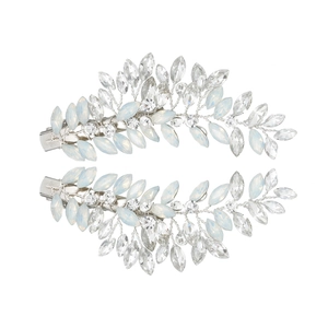 Handmade silver leaf hair clips with marquise crystals and opal stones for bridal wedding