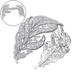 Luxurious silver bridal tiara headband with marquise crystals and feather leaf design