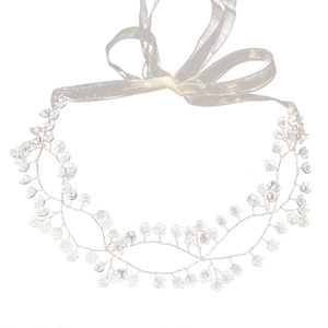 Handmade bridal vine headband with white flowers and translucent beads on ribbon