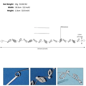 Dimensions détaillées du bandeau de mariée avec feuilles argentées et strass brillants