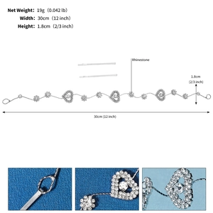 Détail du bandeau de mariée argenté avec strass motifs cœurs et fleurs avec dimensions