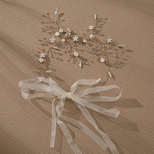Handmade bridal hair vine with crystals and pearls on gold wire with organza ribbon