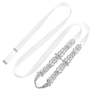 Elegant bridal wedding belt with handcrafted sparkling crystal floral rhinestones on white satin