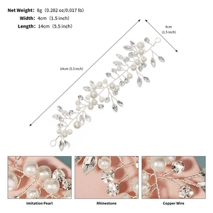 Detailed view of 14cm handmade bridal hair vine with imitation pearls and rhinestones