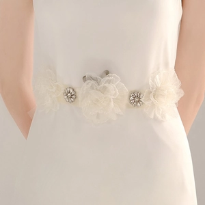 Elegant bridal waist belt with pink fabric flowers and rhinestones on a silk ribbon