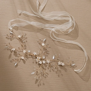 Handmade Floral Bridal Hair Vine Gold Wire Rhinestone Hairband With Organza Ribbon Wedding Banquet Party Floral Headpiece