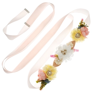 Bridal pink fabric flower belt with luxury hand-stitched rhinestones and pearls on satin ribbon
