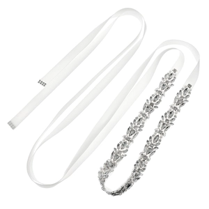 Luxurious bridal wedding belt with handcrafted rhinestones and pearls on white satin ribbon