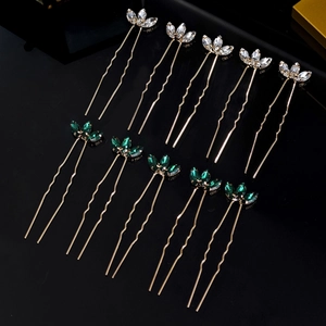 10-piece gold U-shaped bridal hair pins with emerald and clear zircon leaf clusters