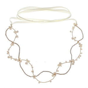 Elegant bridal hair band with white pearls and crystals on gold wire with satin ribbon