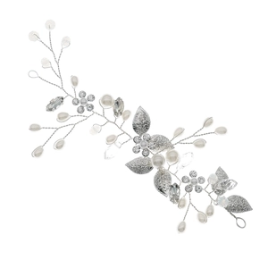 Serre-tête de mariée argenté avec perles, vignes en cristal et feuilles pour coiffures de mariage
