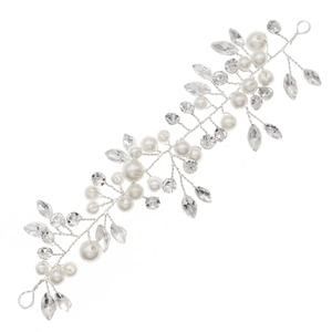 Elegant handmade silver floral hair vine with white pearls and sparkling crystals for brides