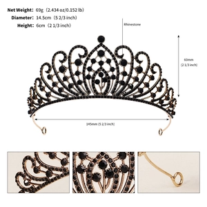 Detailed view of luxury black rhinestone tiara with specific weight and size dimensions