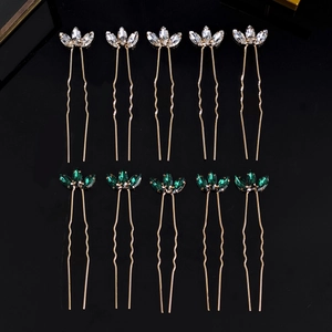 Set of 10 gold U-shaped bridal hair pins with marquise emerald and clear crystals