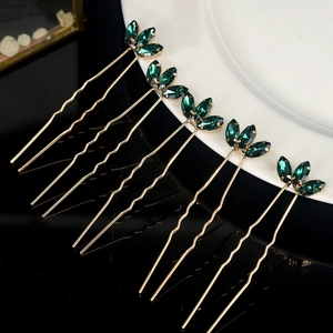 Set of 5 gold U-shaped hair pins with green crystals for bridal party styling