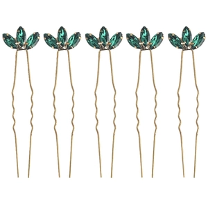 5-piece set of golden U-shaped hair pins with sparkling marquise emerald green crystals