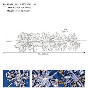 Detail showing dimensions of handcrafted bridal crystal headband with silver wire weaving