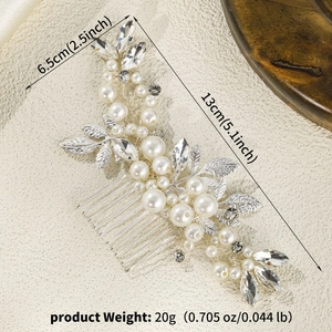 Detail view of handmade silver bridal hair comb with pearls and rhinestones 13cm x 6.5cm