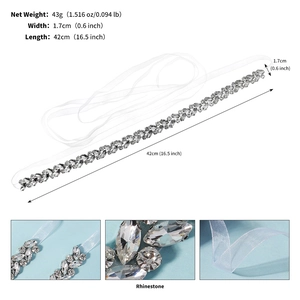 Detailed dimensions of bridal belt with rhinestones and white satin ribbon ties