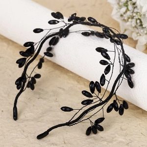 Handmade bridal headband with black crystal beads and flexible vine design for weddings