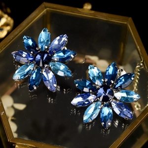 Paar elegante blauwe strass bloem haarspelden met kristallen in een glazen displaydoos