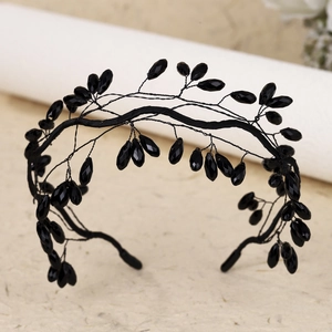 Handmade black crystal beaded headband with gothic branch design for bridal party