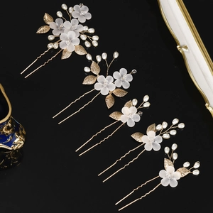 5-piece bridal hair pin set with gold leaves and matte white floral pearls