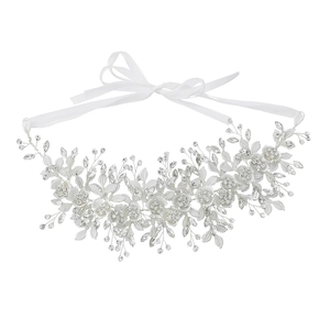 Serre-tête de mariée fait main avec fleurs blanches et feuilles argentées pour mariage