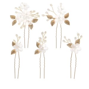5-piece bridal white flower hair pins with gold leaves and pearls for wedding hairstyles