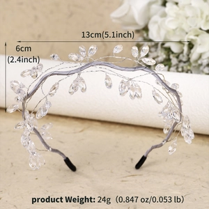 Detail view of crystal bridal headband with dimensions showing height and weight