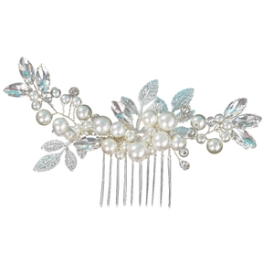 Elegant bridal hair comb with silver leaves, white pearls and sparkling crystals on white base