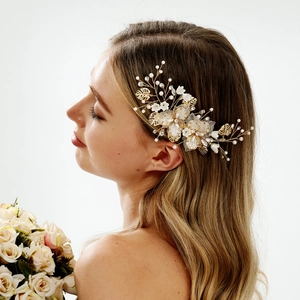 Handmade Bridal Hair Clip Gold Leaf White Flower Artificial Pearl Rhinestone Side Clip Elegant Wedding Party Women Headpiece Accessories