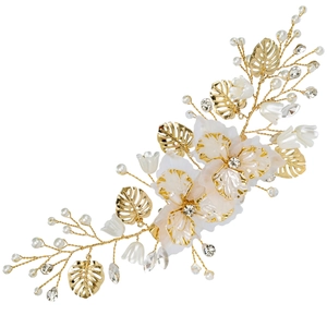 Handmade bridal hair clip with gold metal leaves, white flowers and luxury pearls