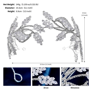 Vue détaillée du diadème feuille en zircon argenté de 15,5cm avec gros plans en strass