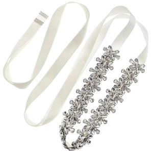 Ceinture de mariée élégante en strass avec ruban en satin ivoire et motifs en cristal