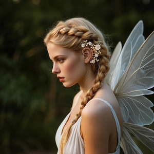 Detail view of handmade flower ear cuff with white petals and pearls for fairy bride style