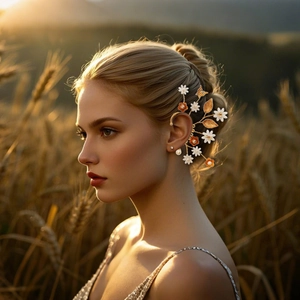 Detail of handmade floral ear cuff with clay beads and pearls in golden finish