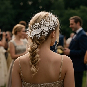 Detail of white flower and pearl hair clip styled on elegant bridal braid