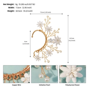 Detail view of flower elf ear cuff showing 10.5x7.5cm size and beaded materials