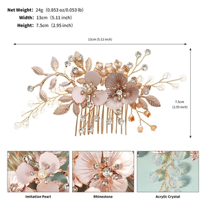 Detail of pink gold flower hair comb with rhinestones, pearls and dimensions shown