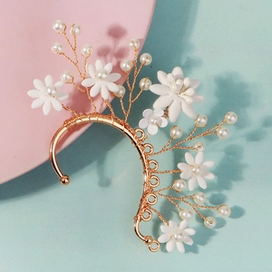 Exquisite handmade floral ear cuff with white beads and pearls on gold wire frame
