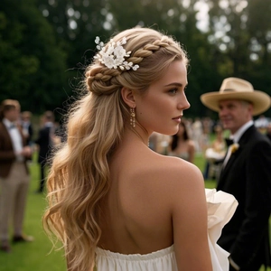 Detail of elegant white handmade clay flower hairpiece and matching drop earrings for brides