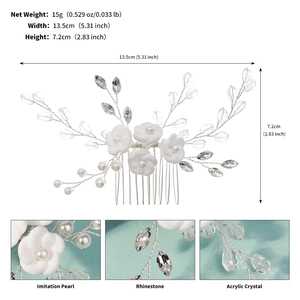Detailed view of handmade white clay flower bridal hair comb with pearls and rhinestones