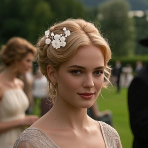 Elegant white floral bridal hair pin with pearls on gold-toned bridal hair style
