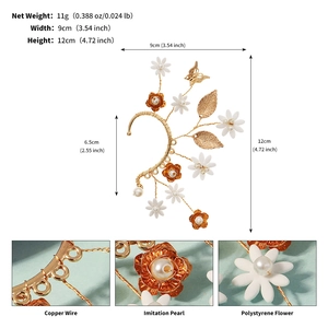 Detailed view of handmade flower ear cuff with pearls and butterfly metal leaves
